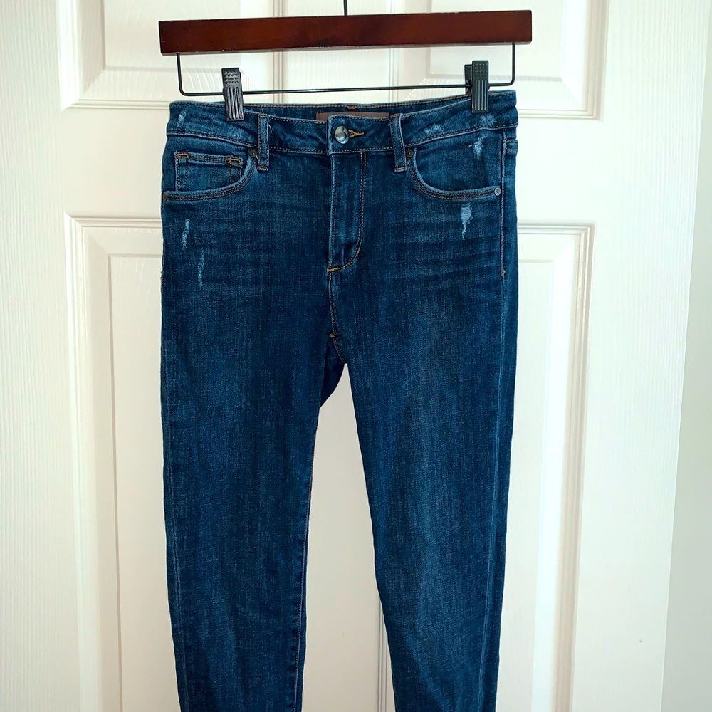 Joes jeans skinny jeans with unfinished bottoms.